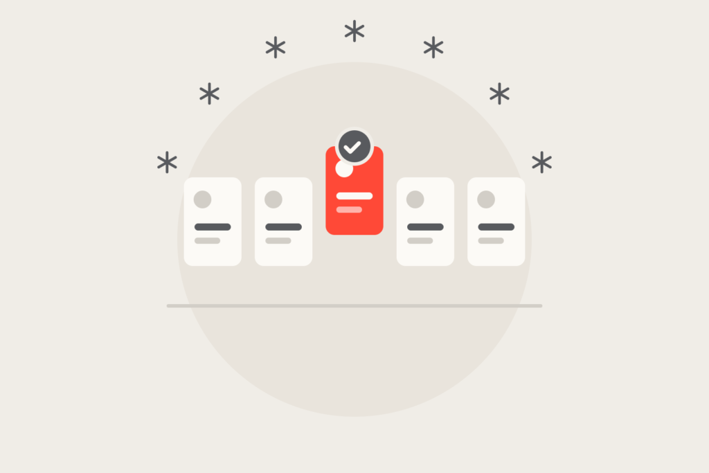 Five agency cards with the coral one lifted and ticked as shortlisted.