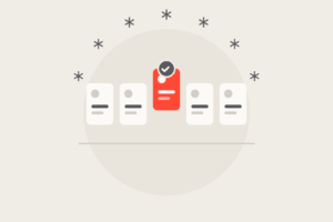 Five agency cards with the coral one lifted and ticked as shortlisted.