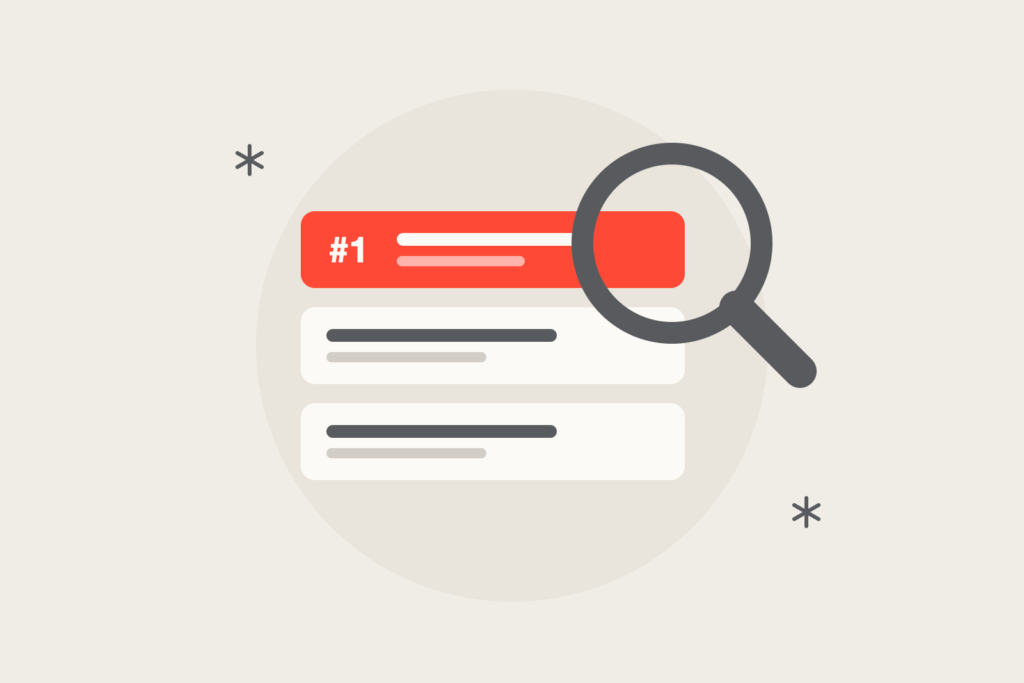 A magnifying glass over search results, with the top result in coral marked #1.