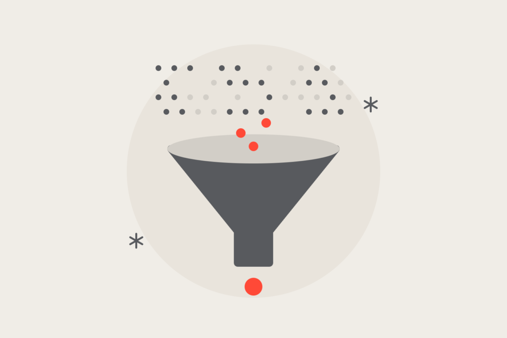 A funnel filling with market dots, with one coral lead dropping out of the bottom.