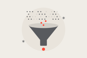 A funnel filling with market dots, with one coral lead dropping out of the bottom.