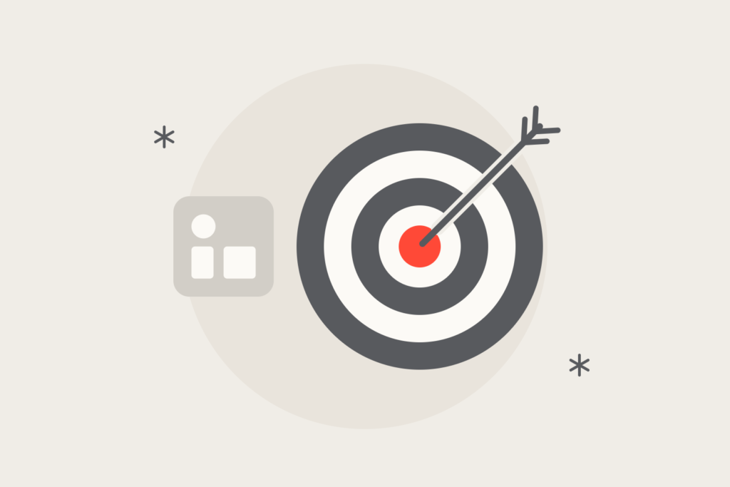 An arrow hitting the coral centre of a target, next to a profile card.