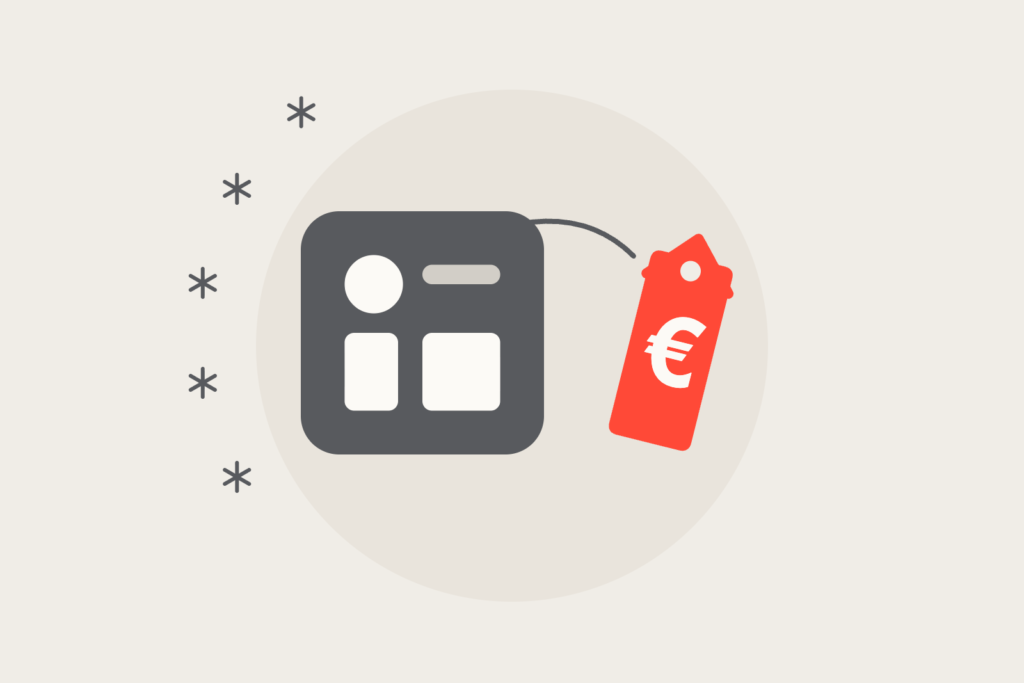 A profile card tile with a coral euro price tag hanging from it.