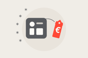 A profile card tile with a coral euro price tag hanging from it.