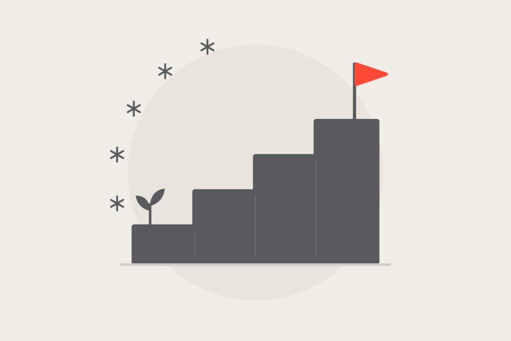 A staircase from a seedling on the first step to a coral flag at the top.
