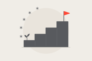 A staircase from a seedling on the first step to a coral flag at the top.