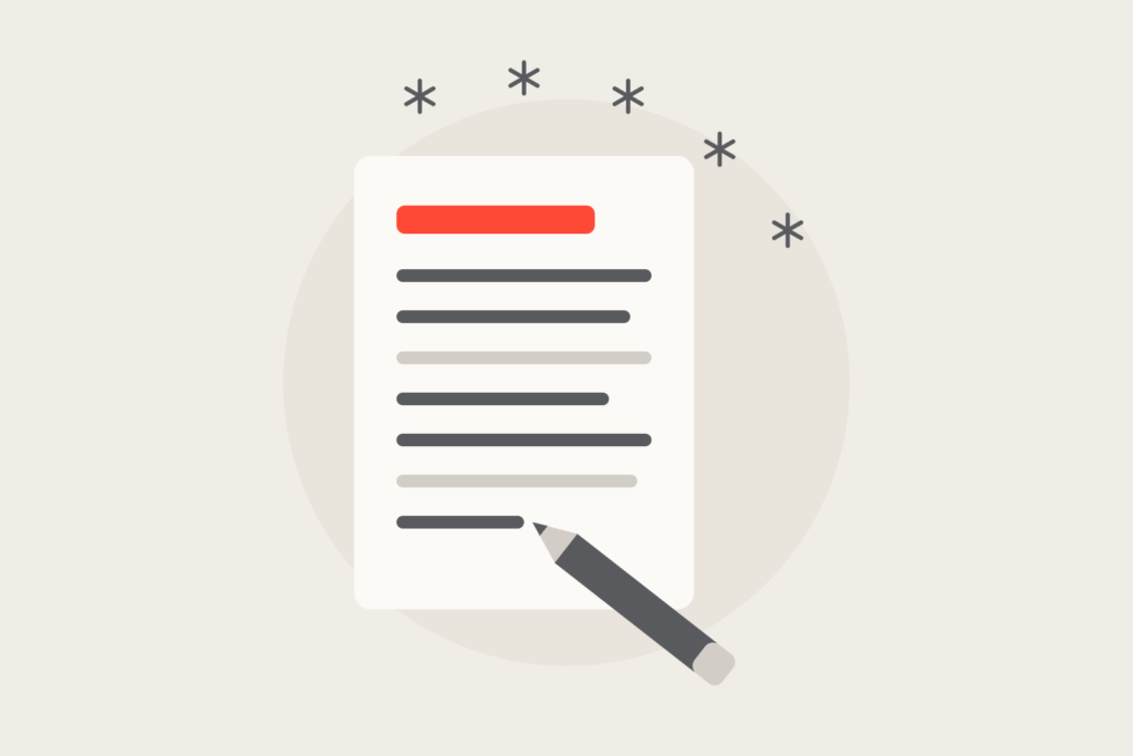 A document with a coral heading and a pencil writing the last line.