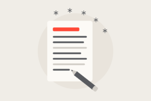 A document with a coral heading and a pencil writing the last line.