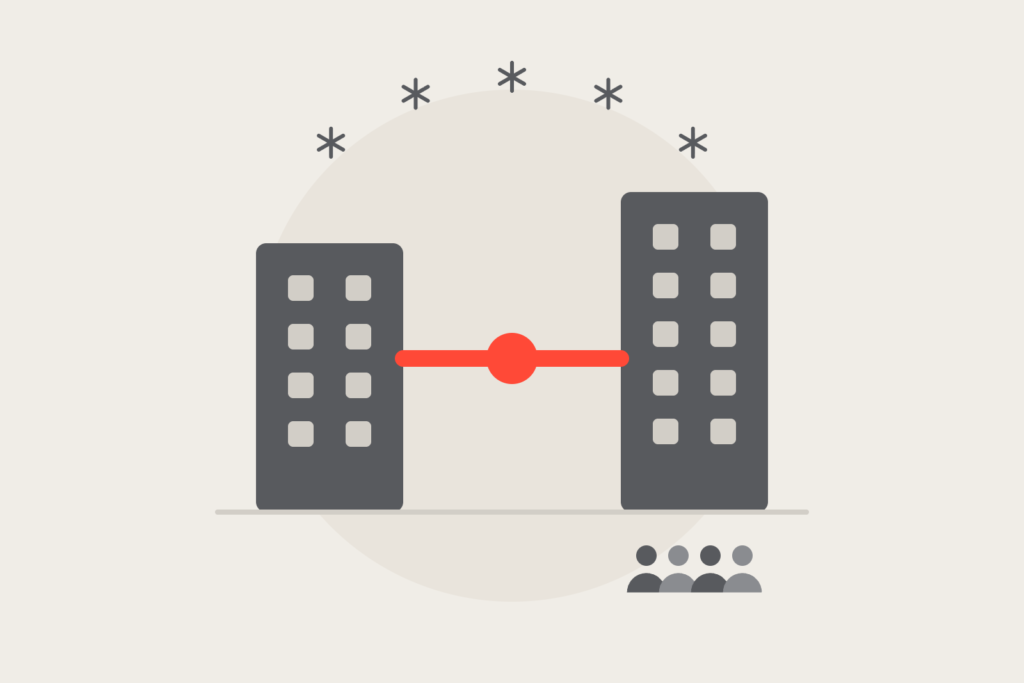 Two company buildings joined by a coral bridge, with a small buying committee.